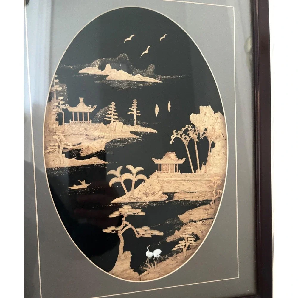 Vintage Asian Landscape Cork Art Framed Oval Scene‎ Pagoda Cranes Home Decor